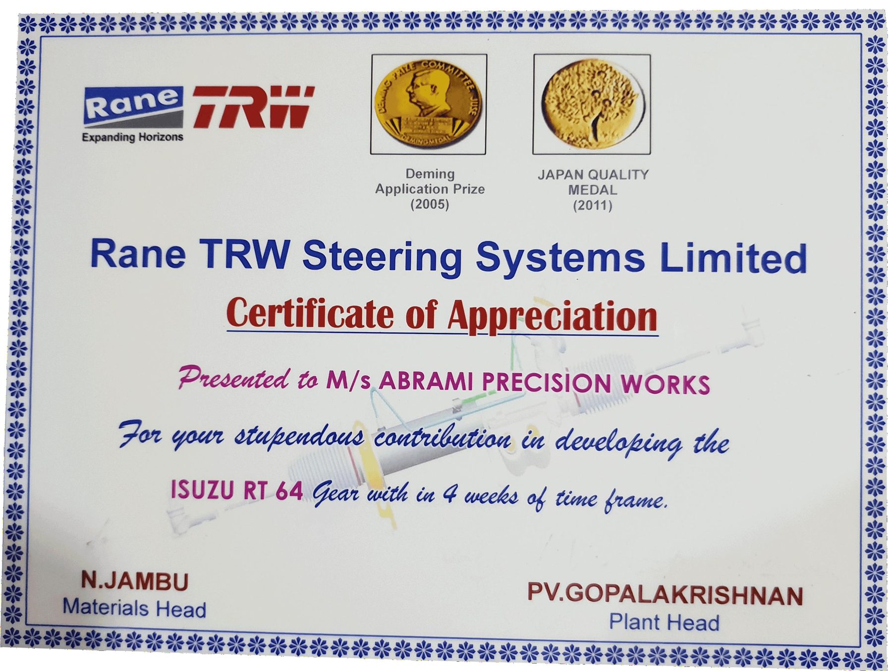 Certificate of Appreciation – Rane TRW